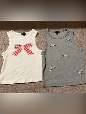Set of two girls' tank top set by Originality White w red Bow & Gray w tie Bows